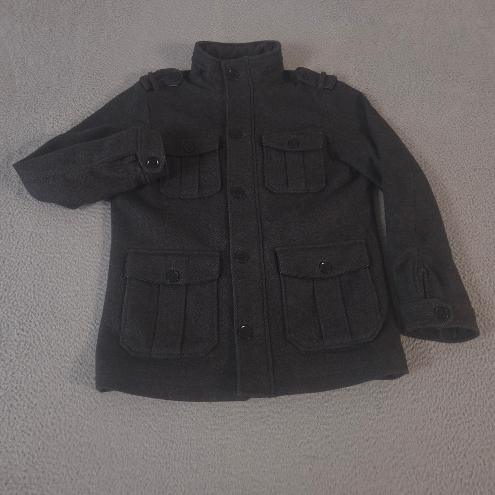Express Jacket Mens M Charcoal Grey Military Pea Coat Wool Blend Multi-Pocket